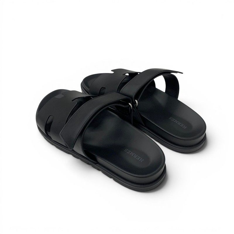 Hermes Chypre Sandals Shoes Leather Black Velcro Strap Flat — view 4