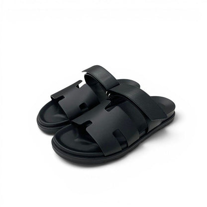 Hermes Chypre Sandals Shoes Leather Black Velcro Strap Flat