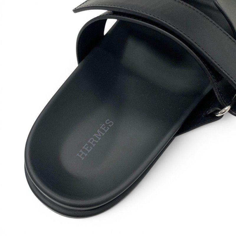 Hermes Chypre Sandals Shoes Leather Black Velcro Strap Flat — view 7