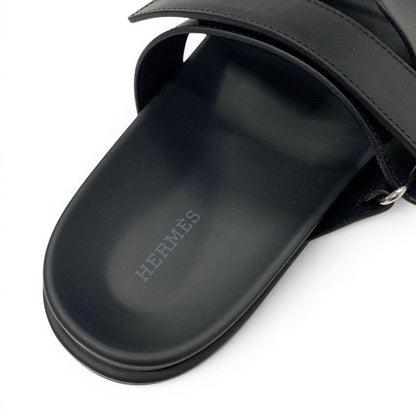 Hermes Chypre Sandals Shoes Leather Black Velcro Strap Flat — view 7