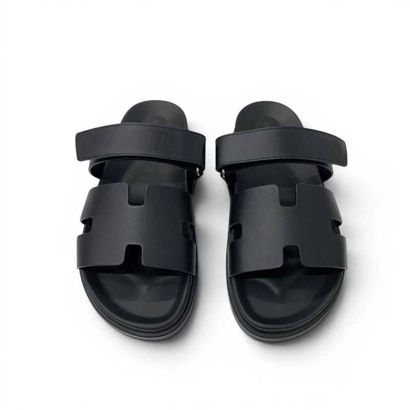 Hermes Chypre Sandals Shoes Leather Black Velcro Strap Flat — view 2