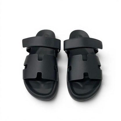 Hermes Chypre Sandals Shoes Leather Black Velcro Strap Flat — view 2