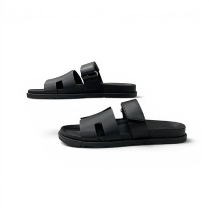 Hermes Chypre Sandals Shoes Leather Black Velcro Strap Flat — view 3