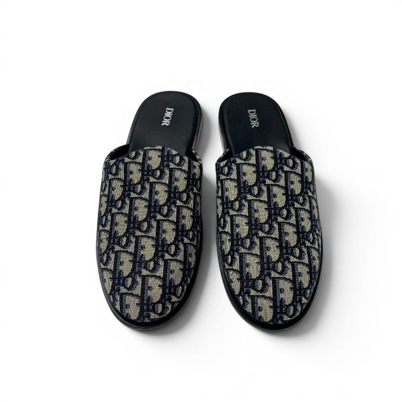 Dior Sandals Shoes Fabric Navy Beige White Jacquard Mules — view 2