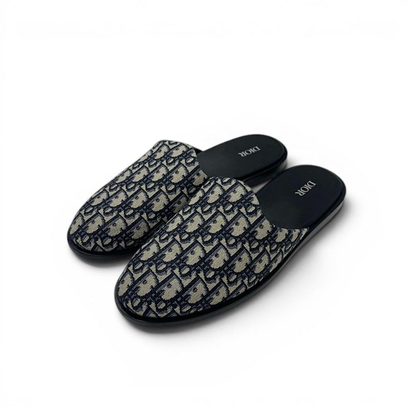 Dior Sandals Shoes Fabric Navy Beige White Jacquard Mules