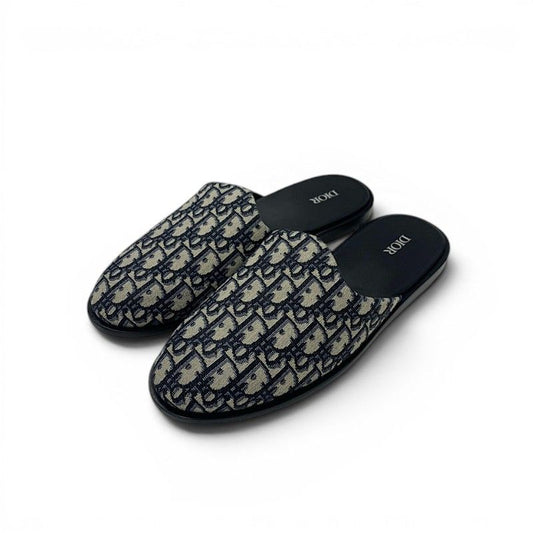 Dior Sandals Shoes Fabric Navy Beige White Jacquard Mules