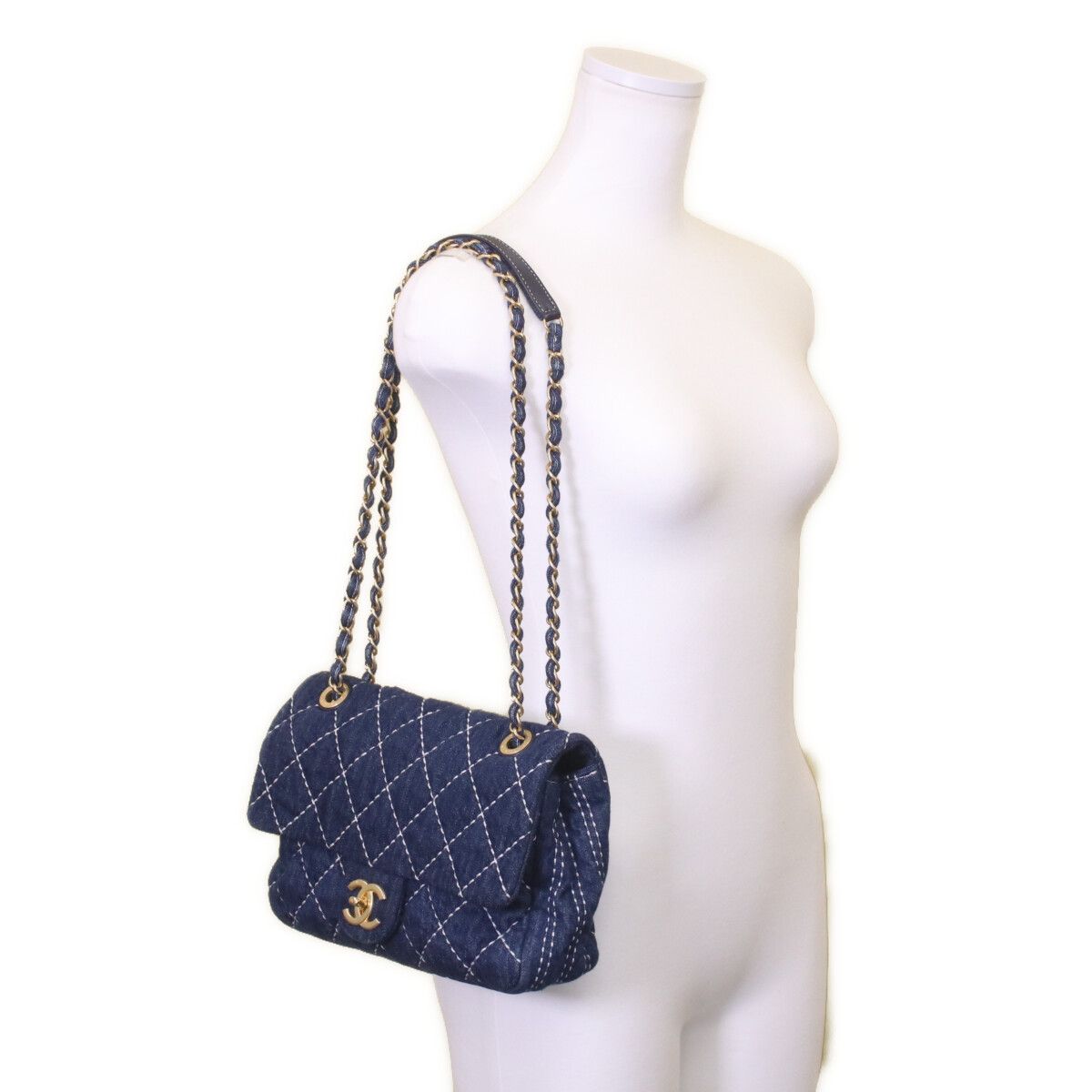 Chanel Indigo Denim Gold Single Flap Quilted Chain — view 9