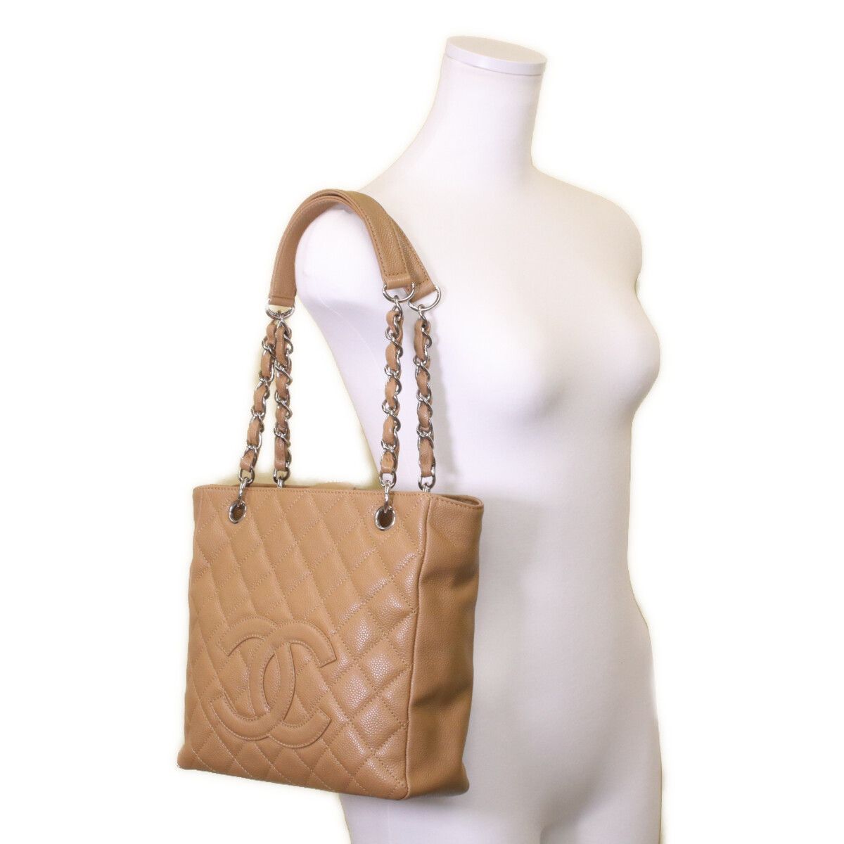 Chanel Camel Beige Caviar Silver Petite Shopping Tote PST — view 9
