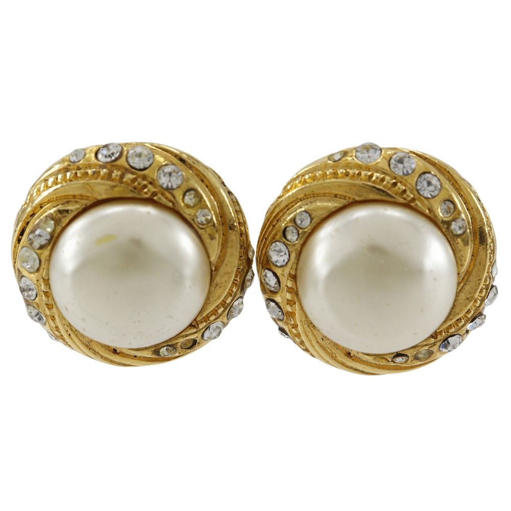 Chanel Vintage Gold Plated Faux Pearl Rhinestone Earrings