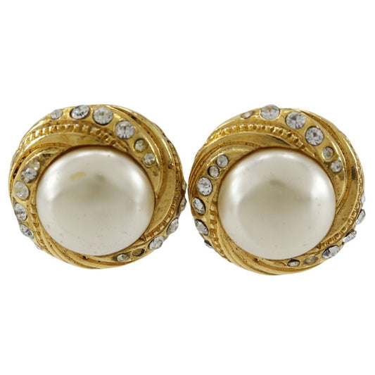 Chanel Vintage Gold Plated Faux Pearl Rhinestone Earrings