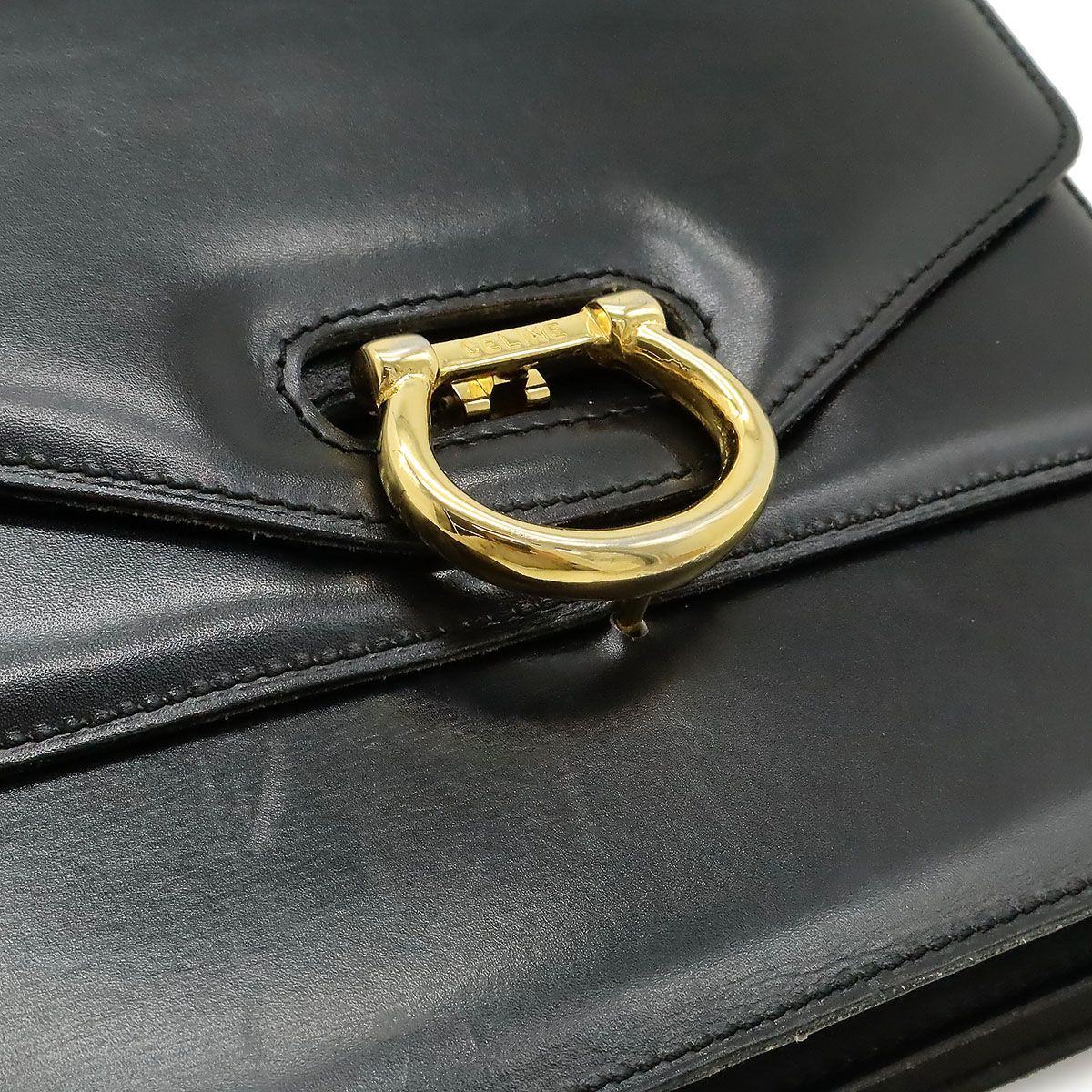 Celine Double Flap Vintage Handbag Bag Leather Black Gold — view 9