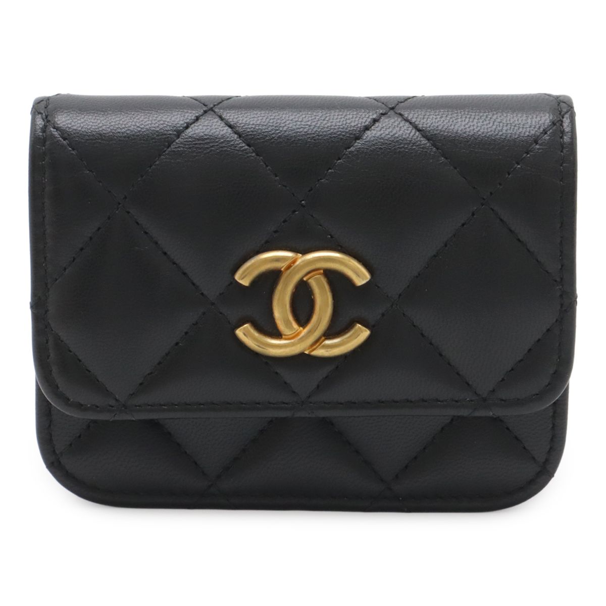 Chanel Quilted CC Logo Mini Waist Bag Pouch Chain Leather Black Gold Silver