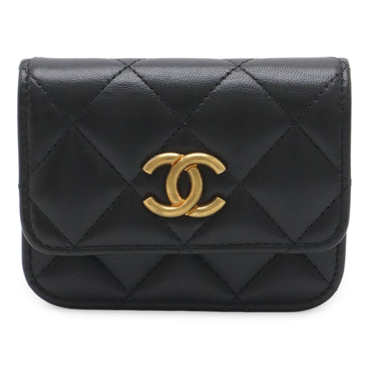 Chanel Quilted CC Logo Mini Waist Bag Pouch Chain Leather Black Gold Silver