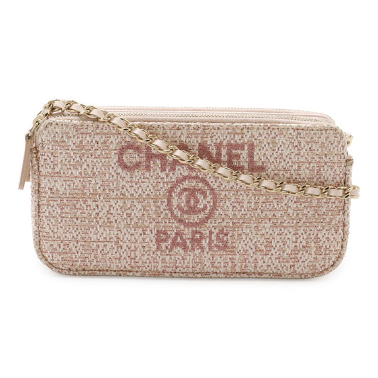 Chanel Deauville Chain Wallet 2-Way Shoulder Bag Clutch Tweed Lame Raffia Pink