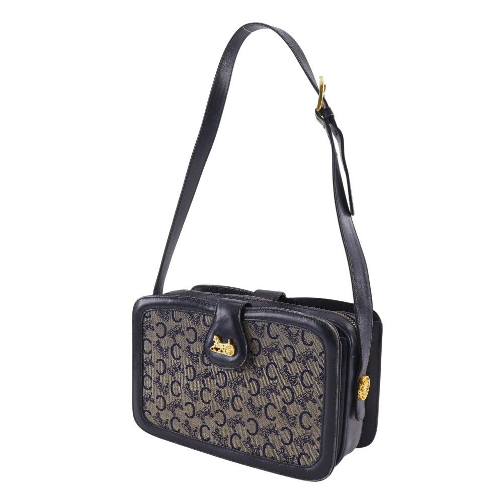 Celine Saruki Vintage Canvas Leather Navy Blue Shoulder Bag — view 2
