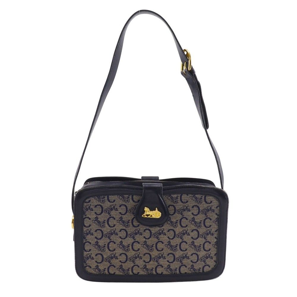 Celine Saruki Vintage Canvas Leather Navy Blue Shoulder Bag