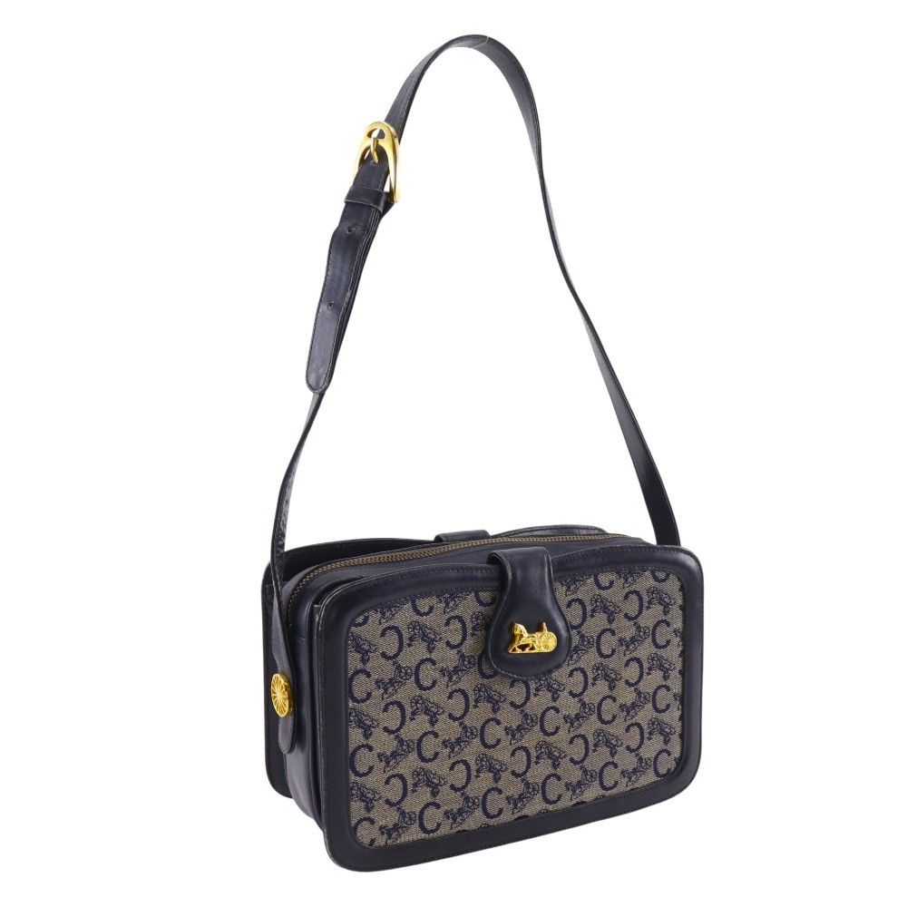 Celine Saruki Vintage Canvas Leather Navy Blue Shoulder Bag — view 3