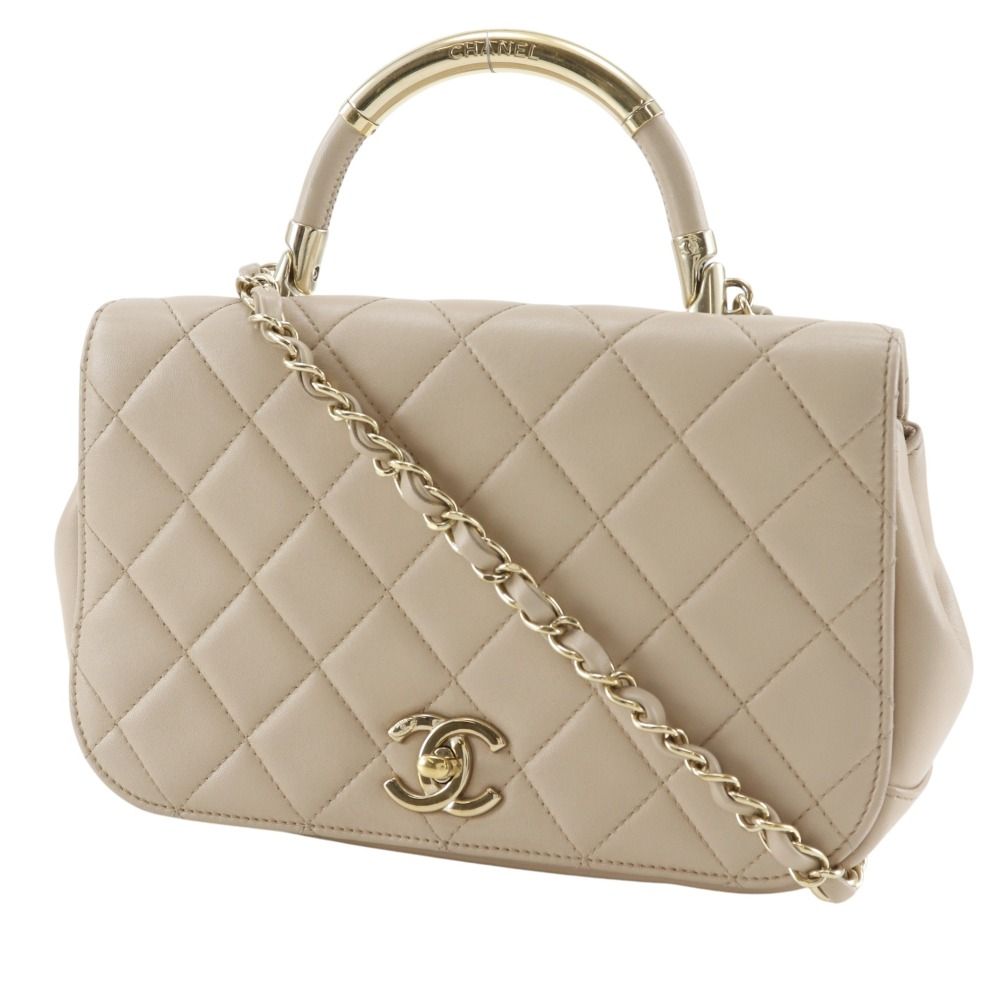 Chanel Quilted Chain Shoulder Top Handle 2-Way Calf Beige Bag — view 2