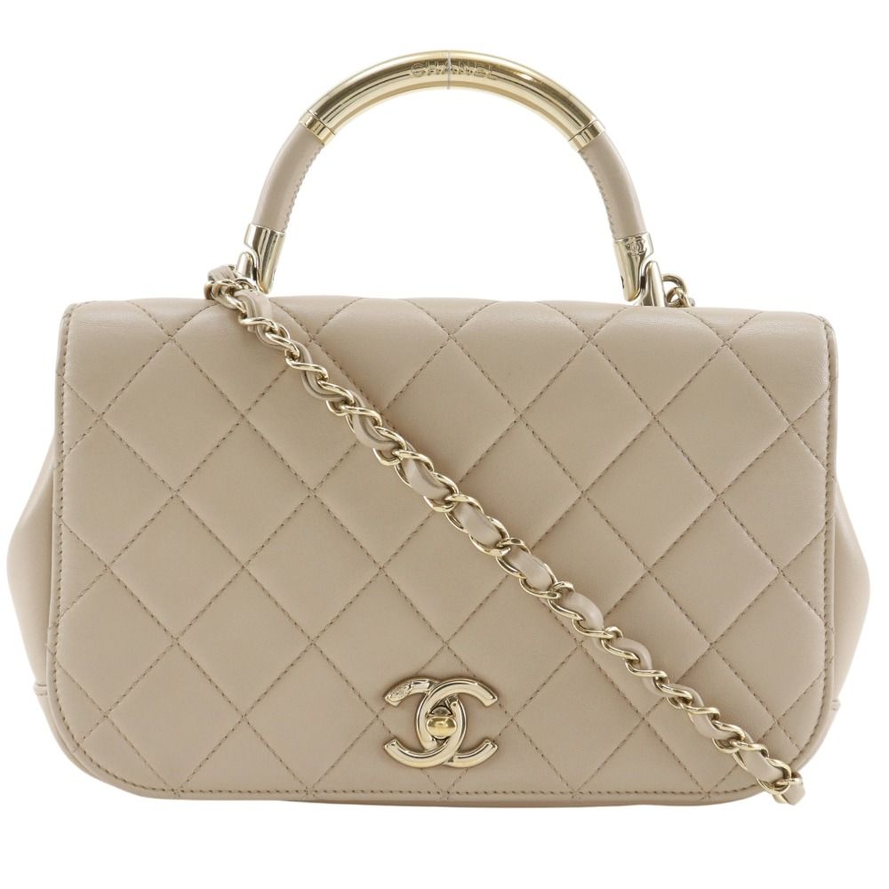 Chanel Quilted Chain Shoulder Top Handle 2-Way Calf Beige Bag