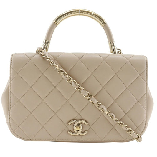 Chanel Quilted Chain Shoulder Top Handle 2-Way Calf Beige Bag