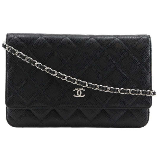 Chanel Classic Quilted Wallet Shoulder Caviar Leather Black Chain