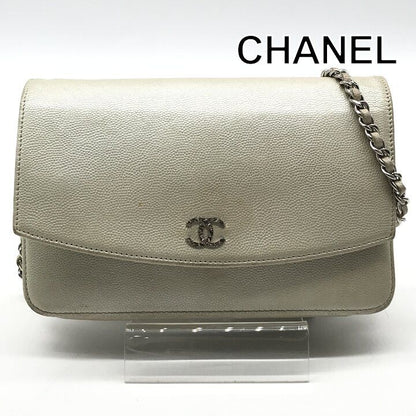 Chanel CC Logo Caviar Leather Silver Chain Wallet Shoulder Bag