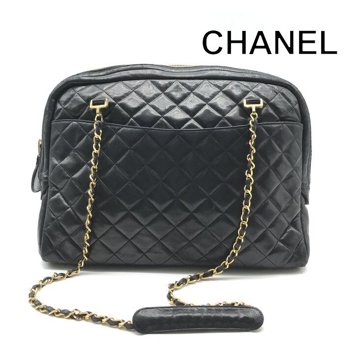 Chanel CC Logo Quilted Lambskin Chain Tote Black Purse
