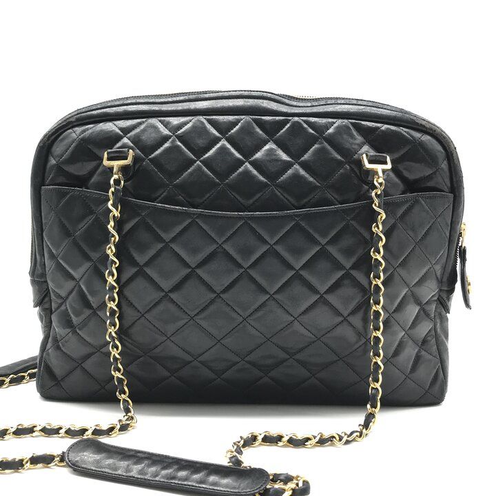 Chanel CC Logo Quilted Lambskin Chain Tote Black Purse — view 3