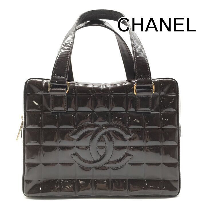 Chanel CC Logo Chocolate Bar Patent Hand Bag Brown Bag