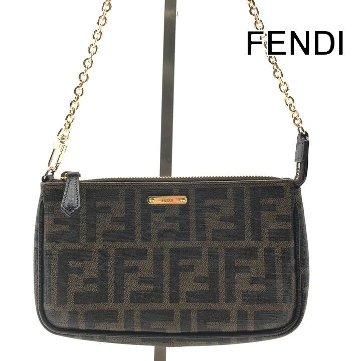 Fendi Zucca Leather Pouch Shoulder Bag Khaki Case