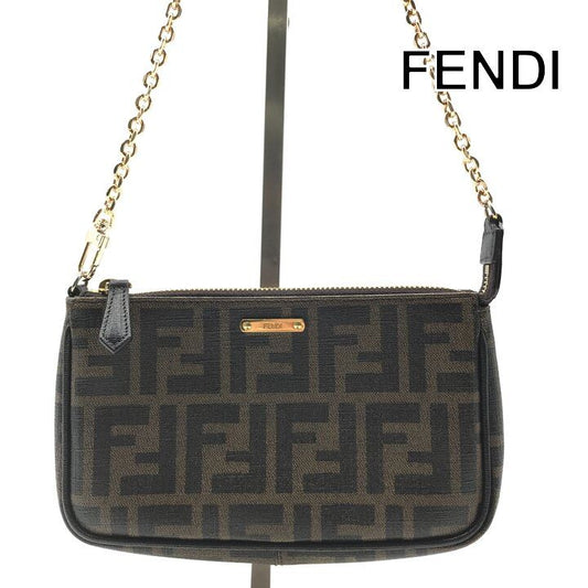 Fendi Zucca Leather Pouch Shoulder Bag Khaki Case