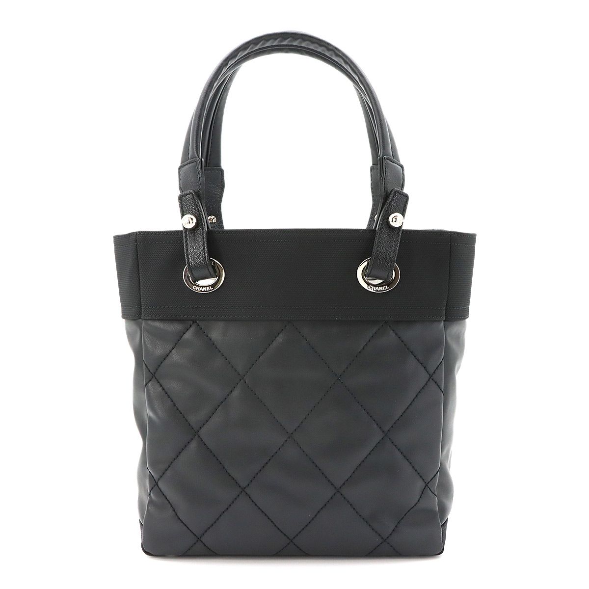 Chanel Paris Biarritz PM Tote Nylon Leather Black Silver — view 3