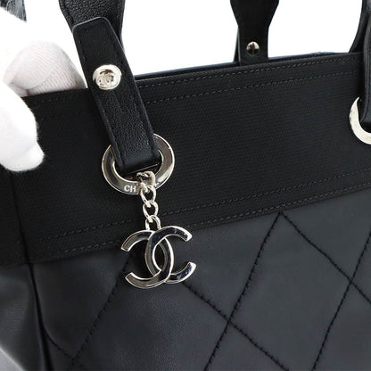 Chanel Paris Biarritz PM Tote Nylon Leather Black Silver — view 9