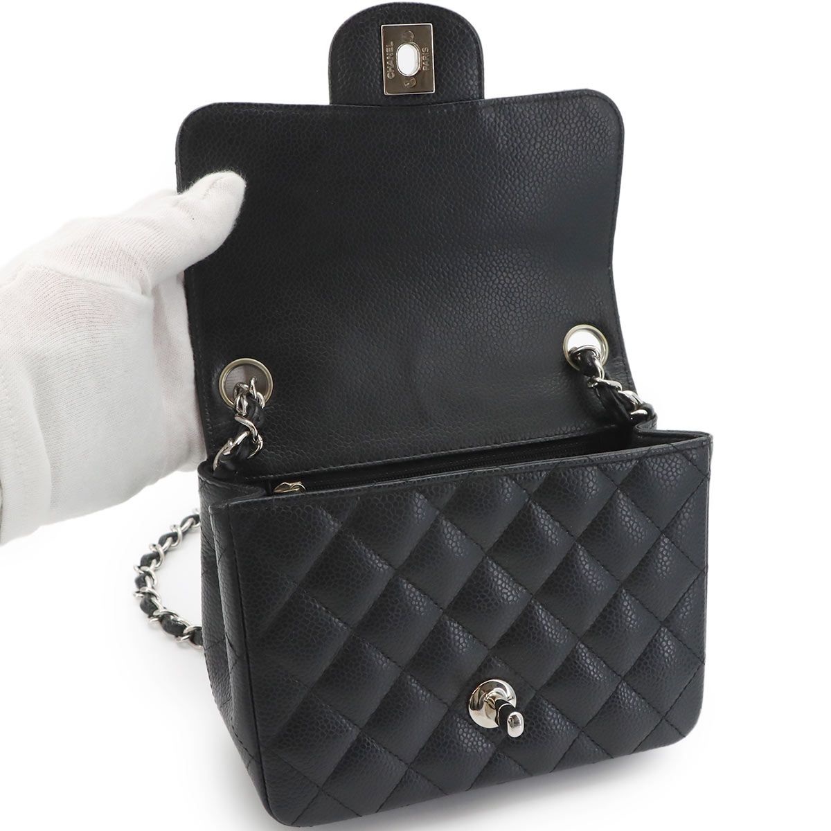 Chanel Mini Quilted Chain Shoulder Bag Caviar Leather Black Silver — view 7