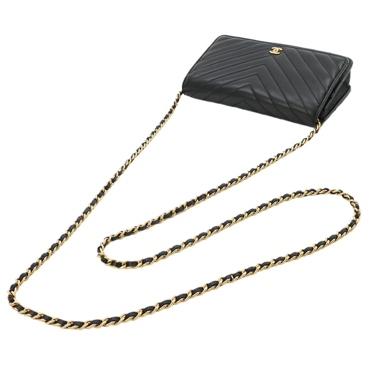 Chanel Blanc Stitch Chain Wallet Lambskin Black Gold — view 6
