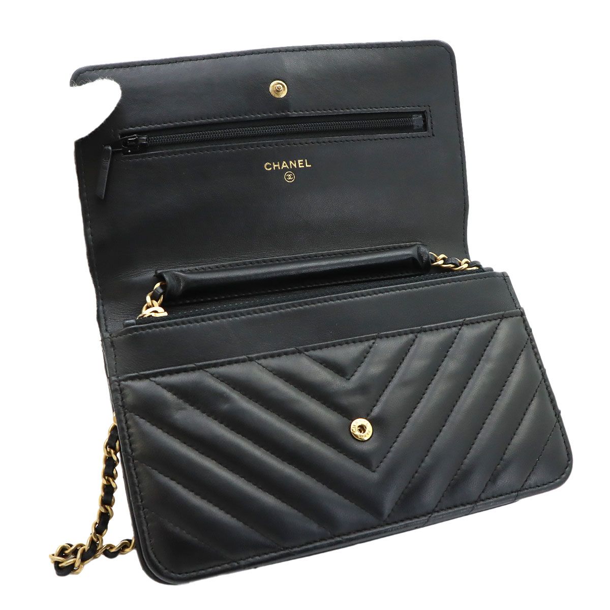 Chanel Blanc Stitch Chain Wallet Lambskin Black Gold — view 7