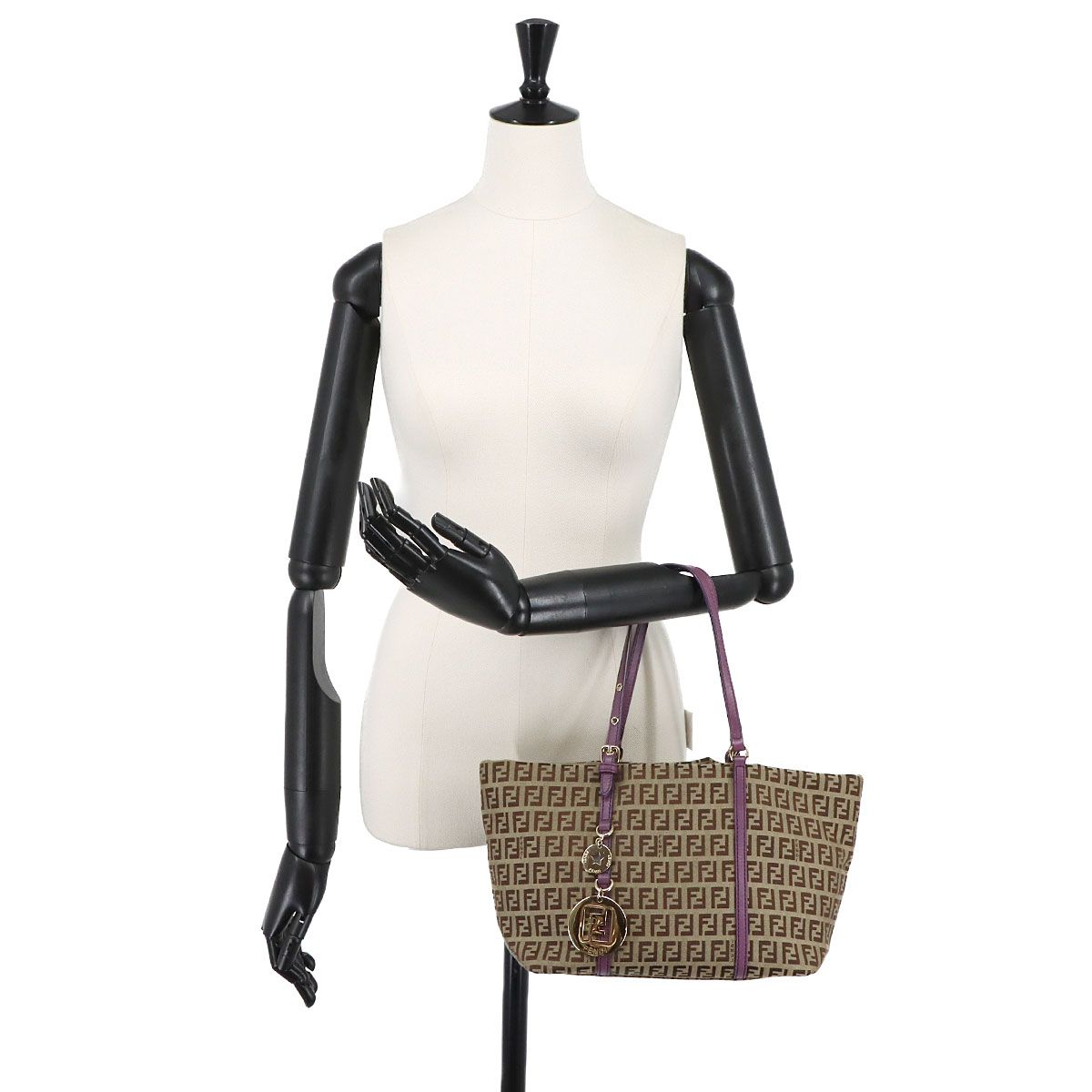 Fendi Zucchino Tote Canvas Leather Beige Purple Gold — view 9