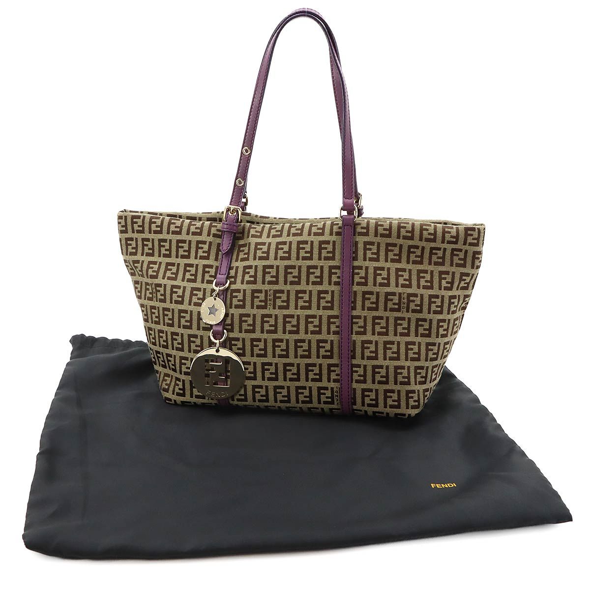 Fendi Zucchino Tote Canvas Leather Beige Purple Gold — view 2