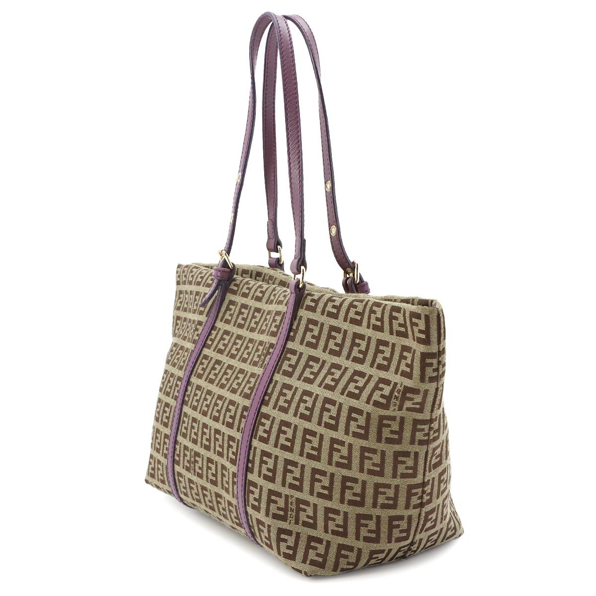 Fendi Zucchino Tote Canvas Leather Beige Purple Gold — view 4
