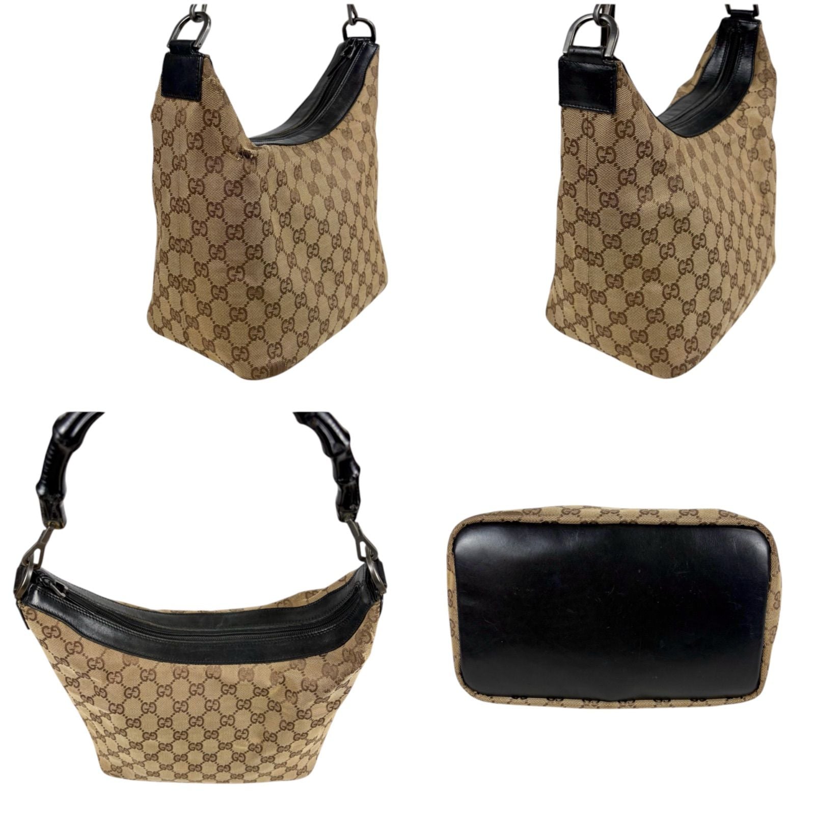 Gucci Bamboo Handle Shoulder Bag GG Canvas Brown Black — view 3