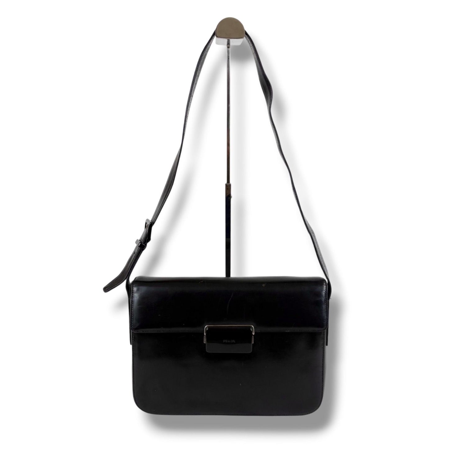 Prada Mirror Calf Leather Shoulder Bag Black — view 3
