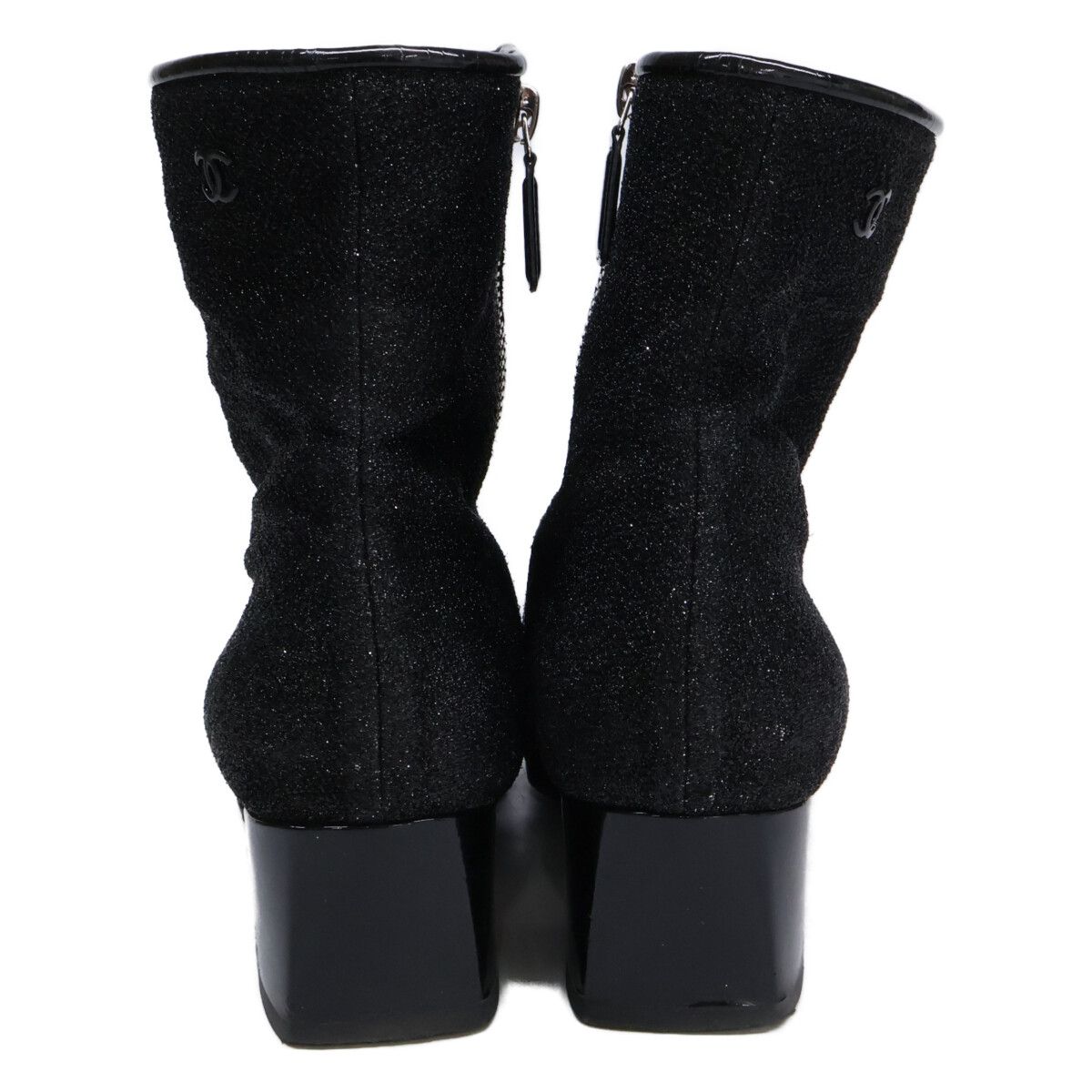Chanel Square Toe Side Zip Chunky Heels Glitter Boots 37 1 2C — view 3