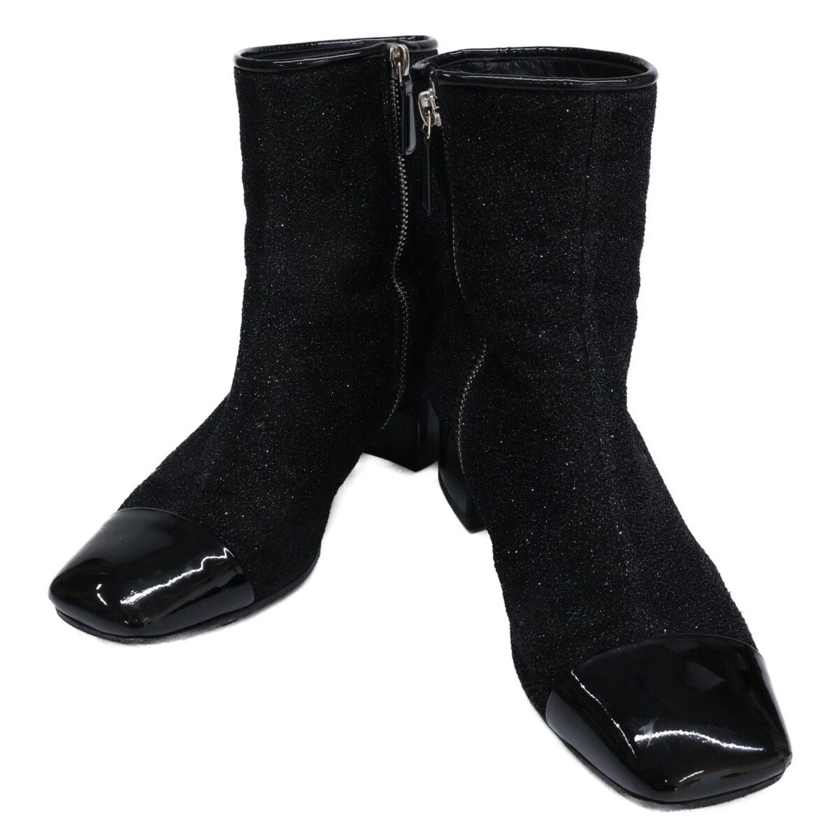 Chanel Square Toe Side Zip Chunky Heels Glitter Boots 37 1 2C
