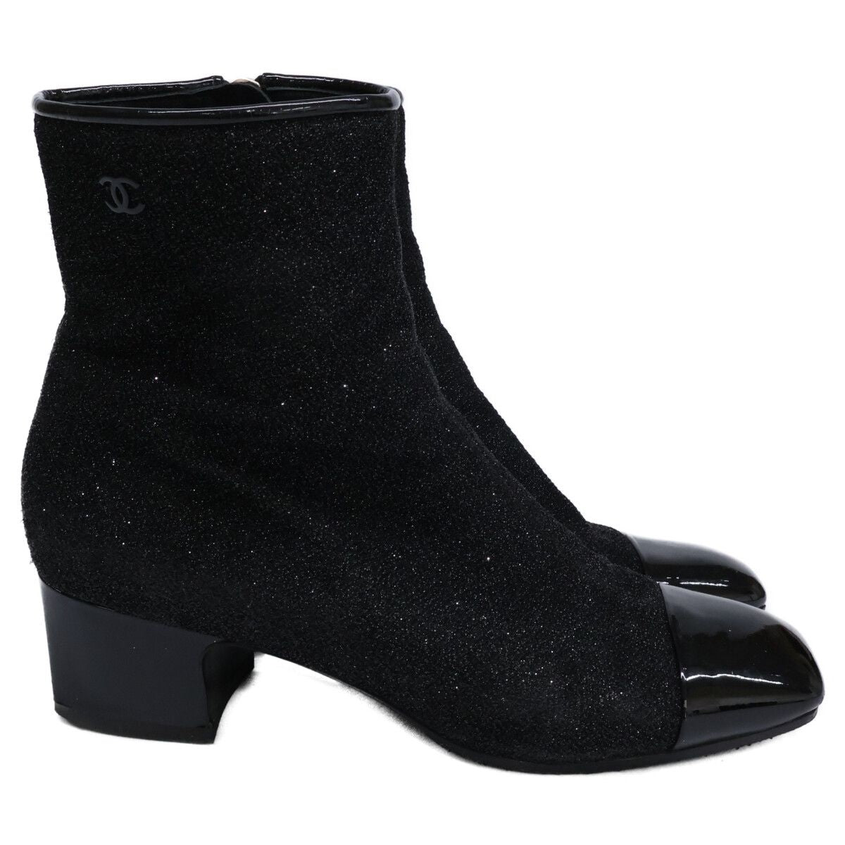 Chanel Square Toe Side Zip Chunky Heels Glitter Boots 37 1 2C — view 4