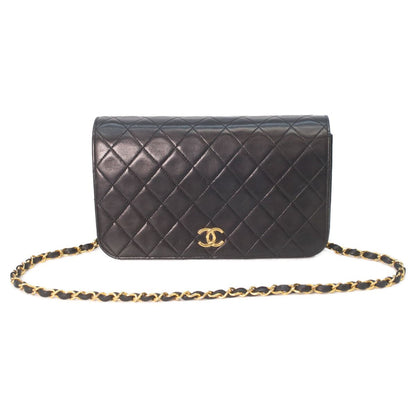 Chanel Black Lamb Single Full Flap Push Lock Quilted 24 Chain Shoulder Bag