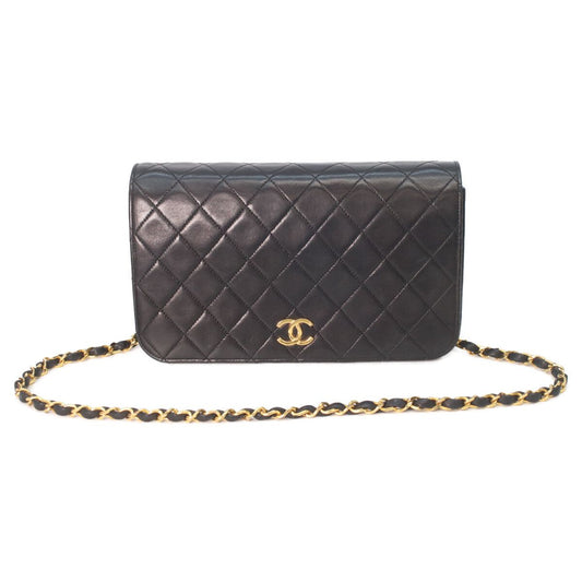 Chanel Black Lamb Single Full Flap Push Lock Quilted 24 Chain Shoulder Bag
