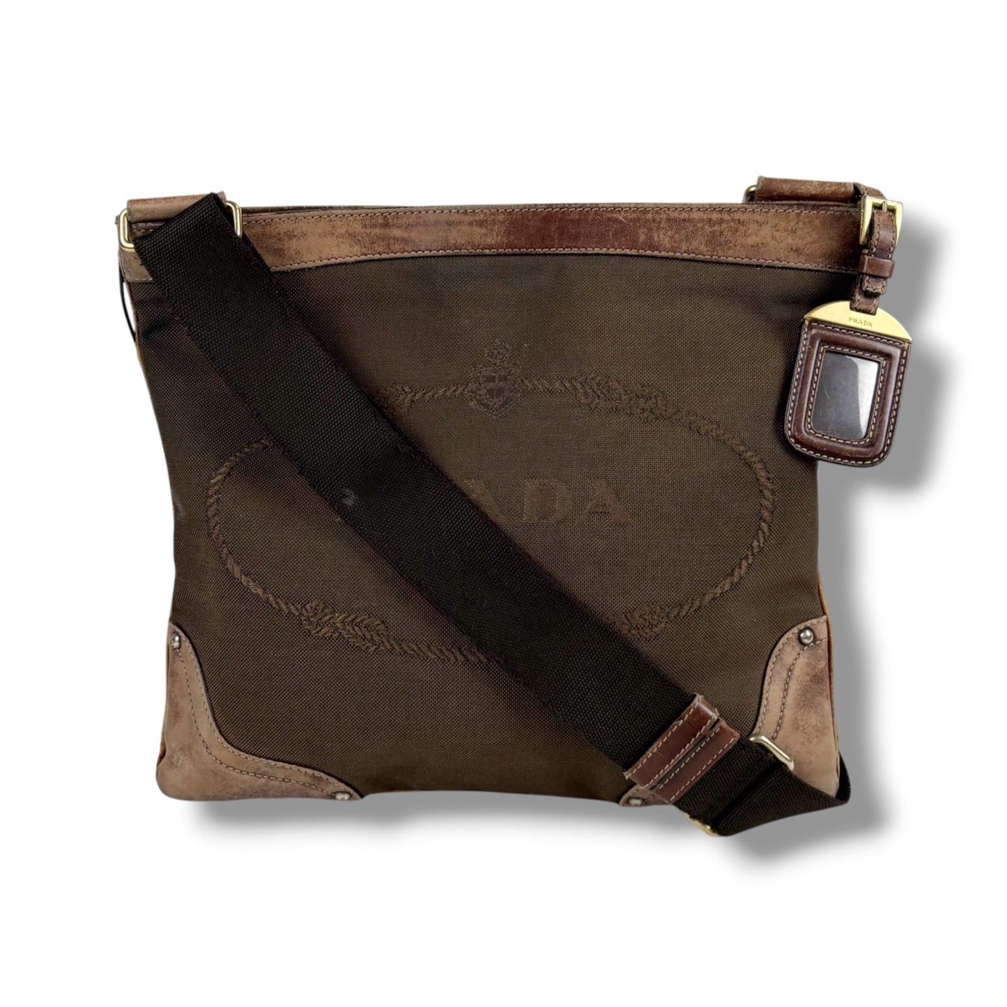 Prada Logo Jacquard Shoulder Bag Cross Canvas Brown Khaki