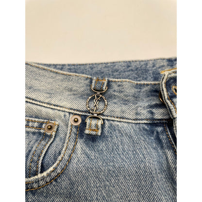 Saint Laurent Paris Light Blue Cotton YSL Logo Charm Denim Pants 24 — view 6