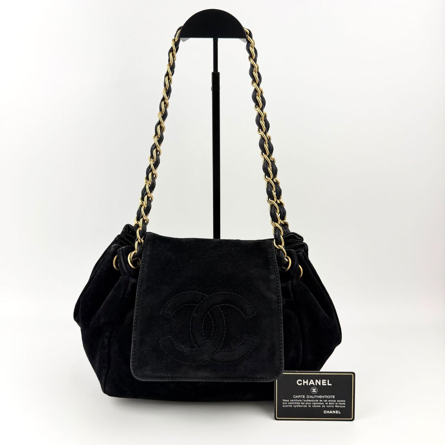 Chanel CC Logo Chain Shoulder Bag Crossbody Black Suede Vintage