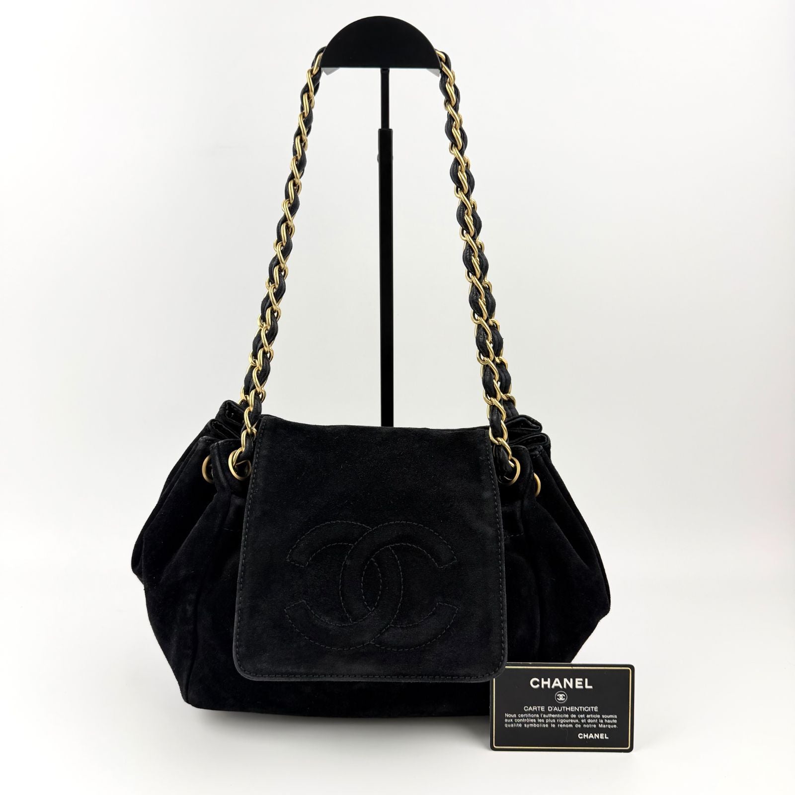 Chanel CC Logo Chain Shoulder Bag Crossbody Black Suede Vintage